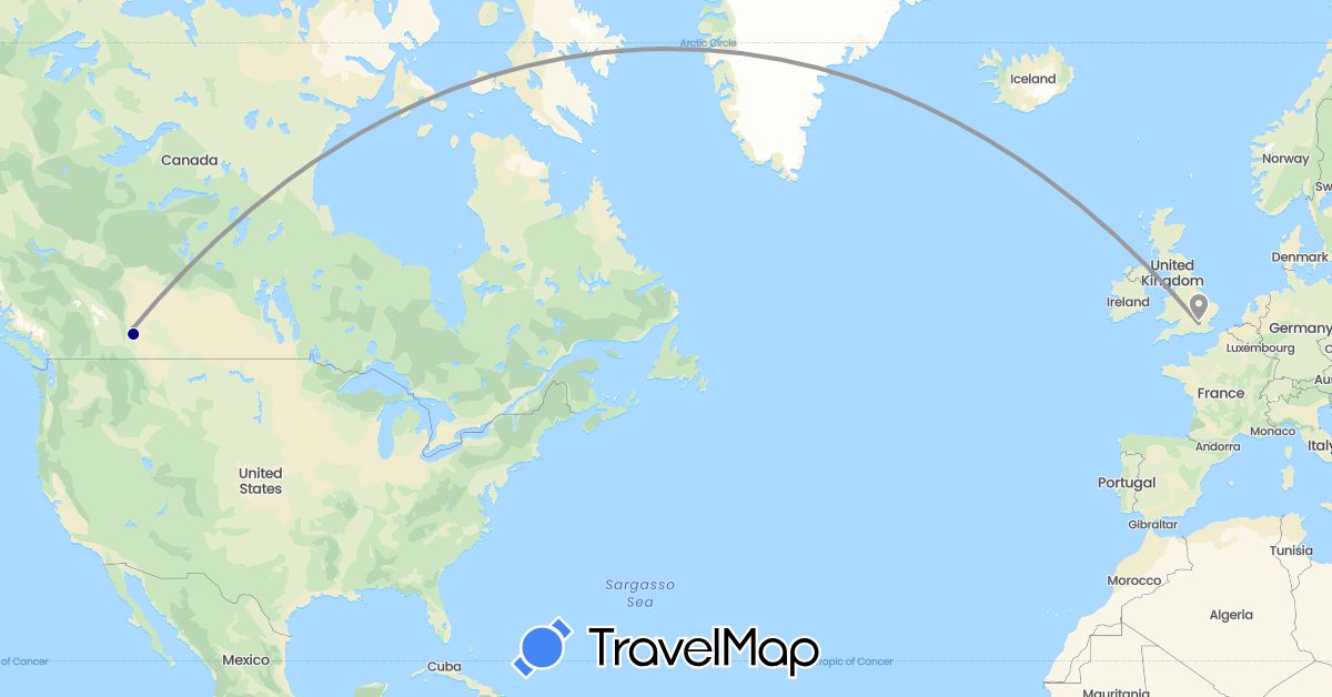 TravelMap itinerary: driving, plane in Canada, United Kingdom (Europe, North America)