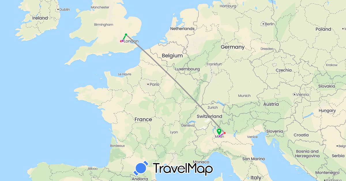 TravelMap itinerary: driving, bus, plane, train, hiking in United Kingdom, Italy (Europe)
